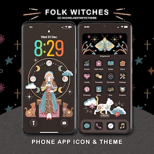 Puede incluir: Dos smartphones que muestran un tema de arte popular. Uno muestra a una mujer con gatos, el otro una polilla e iconos de aplicaciones. El texto dice "FOLK WITCHES" y "PHONE APP ICON & THEME". El fondo es negro con estrellas.