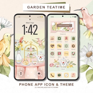 Puede incluir: Dos smartphones que muestran un icono y un tema de aplicación de teléfono personalizados. El tema presenta un diseño de acuarela con un tema de fiesta de té, que incluye un soporte de postre de varios niveles, una tetera y colibríes. El texto de la imagen dice "GARDEN TEATIME" y "PHONE APP ICON & THEME".