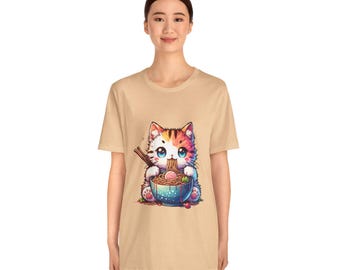 Ramen Kitty Unisex Tee, Cat Lover T-Shirt, Cute Noodle Graphic Shirt, Kawaii Animal Top, Funny Food Graphic Tee for Men Women, Japanese