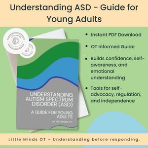 Op de afbeelding: Een gids voor jongvolwassenen over Autisme Spectrum Stoornis (ASS). De cover is grijs met blauwe, groene en witte accenten. De titel is "Understanding Autism Spectrum Disorder (ASS)". Directe PDF-download.
