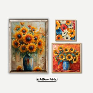 Gallery Wall Art Set of 3 Prints Sunflower Wall Décor Colorful Printable Wall Art Abstract Wall Art
