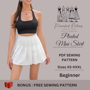 Patrón de costura para minifalda plisada de cintura alta, tallas XS-XXXL, ideal para principiantes, patrón en PDF, falda DIY, para imprimir en casa, tamaño A4, A0, carta de EE. UU.