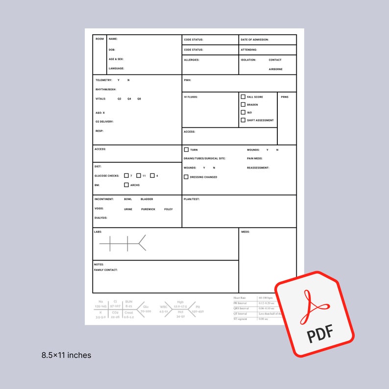 Medical Surgical/ Telemetry Report Sheet Digital Download - Etsy