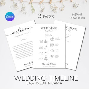 Può includere: Un modello di cronologia di matrimonio stampabile con tre pagine. La prima pagina è un messaggio di benvenuto per la famiglia e gli amici. La seconda pagina è una cronologia di matrimonio con icone e testo per ogni evento. La terza pagina è un elenco di eventi di matrimonio. Il modello è facile da modificare in Canva.