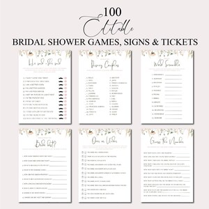 Può includere: Una raccolta di 100 giochi, cartelli e biglietti modificabili per l'addio al nubilato. Il design presenta una palette di colori tenui e neutri con accenti floreali. I titoli dei giochi includono "He Said - She Said", "Disney Couples" e "Word Scramble".