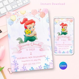 Little Mermaid Birthday Invitation, Ariel Little Mermaid, Canva editable Template, Little Mermaid Party Invite, canva