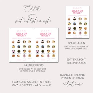 Op de afbeelding: Een afdrukbaar vrijgezellenfeestspel met de titel "Willy or What?" met een roze en wit ontwerp. Het spel bevat illustraties van verschillende objecten. De tekst "Bewerkbare spellen" en "meerdere of enkele afdrukken" zijn ook opgenomen.