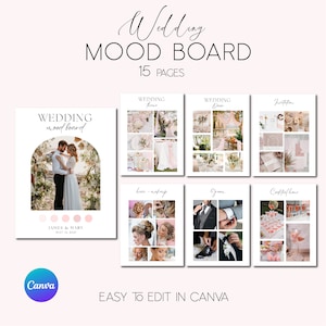 Plantilla de tablero de estado de ánimo de boda, tablero de estado de ánimo rosa, plantilla de planificador de bodas digital, tablero de visión de boda, guía de diseño de temas de boda