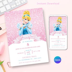 Princess Cinderella Birthday Invitation, Princess Cinderella Portrait Card, Canva editable Template, Cinderella Party Invite, canva