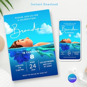 May include: A digital invitation with a blue ocean theme. The invitation features the name "Brandon" in a script font, the text "IS TURNING 8", and event details. A matching invitation is displayed on a smartphone.