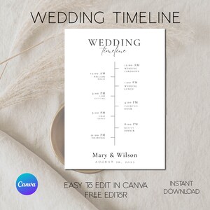 Può includere: Un modello di tempistica di matrimonio stampabile con sfondo bianco e testo nero. La tempistica include eventi come la cerimonia di matrimonio, il pranzo, l'ora del cocktail, il primo ballo e i fuochi d'artificio. Il testo in fondo al modello dice "Mary & Wilson August 26, 2025".