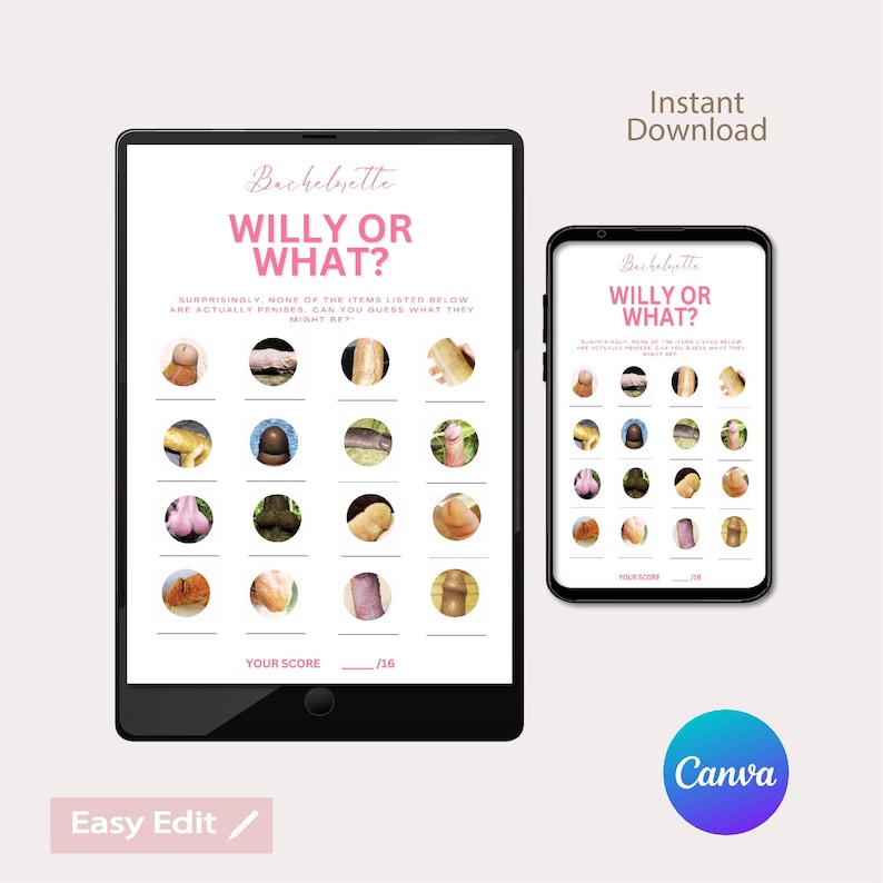 Op de afbeelding: Een digitaal vrijgezellenfeestspel weergegeven op een tablet en smartphone. De game heet "Willy or What?" met een reeks afbeeldingen om te raden. De woorden "Direct downloaden" en "Gemakkelijk bewerken" zijn ook zichtbaar.