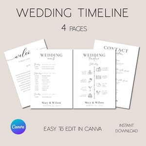 Può includere: Un modello di cronologia di matrimonio stampabile con quattro pagine. Il modello include una pagina di benvenuto, una pagina di eventi di matrimonio, una pagina di cronologia di matrimonio e una pagina di informazioni di contatto. Il modello è progettato in uno stile minimalista con testo nero e icone su uno sfondo bianco.