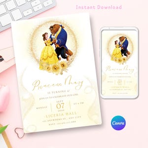 Belle Birthday Invitation Template, Editable beauty and Best invitation, First Birthday Invitation for girls, Birthday Evite