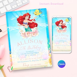 Little Mermaid Birthday Invitation, Ariel Little Mermaid, Canva editable Template, Little Mermaid Party Invite, canva