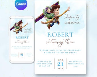 Invitation d'anniversaire Toy Story 2, Invitation numérique Toy Story, Invitation d'anniversaire Toy Story modifiable, Invitation à une fête Toy Story, Canva