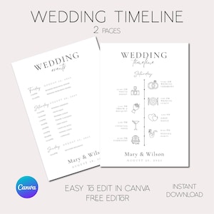 Può includere: Un modello di cronologia di matrimonio in bianco e nero con un design semplice. Il modello include un elenco di eventi per venerdì, sabato e domenica. Il testo include i nomi Mary & Wilson e la data 26 agosto 2023.