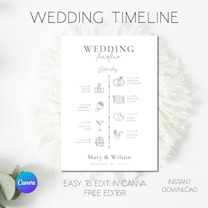 Può includere: Un modello di programma di matrimonio in bianco e nero con icone per una cerimonia di matrimonio, pranzo, lancio del bouquet, cocktail hour, primo ballo e festa serale. Il testo recita "Wedding Timeline Saturday" e "Mary & Wilson August 26, 2025".