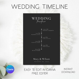 Può includere: Modello di cronologia di matrimonio in bianco e nero con il testo "Wedding timeline" e "Mary & Wilson" con la data "August 26, 2025". La cronologia include i seguenti eventi: 11:00 AM Cerimonia di matrimonio, 1:00 PM Pranzo di matrimonio, 3:00 PM Taglio della torta, 5:00 PM Cocktail hour, 6:00 PM Primo ballo e 8:00 PM Cena a buffet.