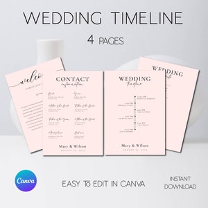 Può includere: Un modello di cronologia di matrimonio rosa e bianco con il testo "Wedding Timeline" in nero. Il modello include una sezione di informazioni di contatto con il testo "Contact Information" e una sezione di cronologia di matrimonio con il testo "Wedding Timeline". Il modello è progettato per essere modificato in Canva ed è disponibile per il download immediato.
