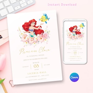 Invitation d'anniversaire La Petite Sirène, Ariel La Petite Sirène, modèle modifiable Canva, invitation à une fête La Petite Sirène, Canva