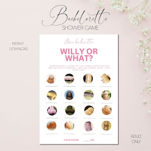 Op de afbeelding: Een witte Bachelorette-feestspelkaart met de titel "WILLY OR WHAT?" in roze. De kaart bevat een reeks afbeeldingen met lege ruimtes eronder voor antwoorden. De woorden "DIRECT DOWNLOADEN" en "ALLEEN VOOR VOLWASSENEN" zijn ook zichtbaar.