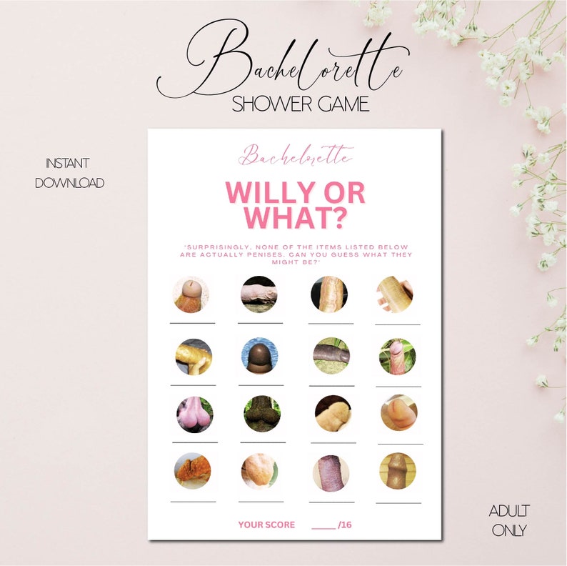 Op de afbeelding: Een witte Bachelorette-feestspelkaart met de titel "WILLY OR WHAT?" in roze. De kaart bevat een reeks afbeeldingen met lege ruimtes eronder voor antwoorden. De woorden "DIRECT DOWNLOADEN" en "ALLEEN VOOR VOLWASSENEN" zijn ook zichtbaar.