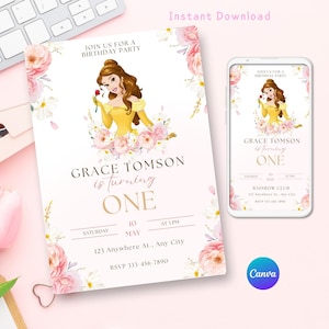 Belle Birthday Invitation Template, Editable beauty and Best invitation, First Birthday Invitation for girls, Birthday Evite