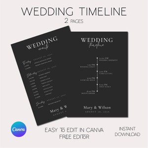 Può includere: Un modello di cronologia di matrimonio in bianco e nero con il testo "Wedding Timeline" e "Wedding events" in un font moderno. La cronologia include la data e l'ora degli eventi, come la cerimonia di matrimonio, l'ora del cocktail e il primo ballo. Il modello è facile da modificare in Canva e include il testo "Easy to edit in Canva Free Editor" e "Instant Download".