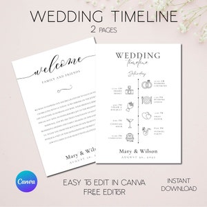 Può includere: Un modello di cronologia di matrimonio in bianco e nero con un cartello di benvenuto per la famiglia e gli amici. La cronologia include un servizio fotografico, la cerimonia, il pranzo di nozze, l'ora del cocktail, il primo ballo e la festa serale. Il modello è modificabile in Canva e include il testo "Mary & Wilson, 26 agosto 2025".