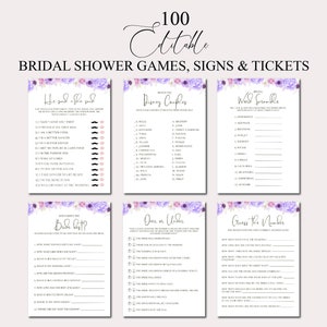 Può includere: Carte di gioco per addio al nubilato stampabili con un design floreale viola e rosa. I giochi includono "Lui ha detto, lei ha detto", "Abbina le coppie Disney", "Scramble di parole", "Chi conosce meglio la sposa", "Sopra o sotto", e "Indovina il numero".