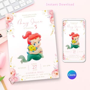 Invitation d'anniversaire La Petite Sirène, Ariel La Petite Sirène, modèle modifiable Canva, invitation à une fête La Petite Sirène, Canva