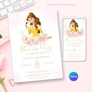 Belle Birthday Invitation Template, Editable beauty and Best invitation, First Birthday Invitation for girls, Birthday Evite