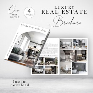 May include: A brochure for a luxury real estate property, showcasing a detached modern home with a spacious living room, kitchen, and bathroom. The brochure features photographs of the home's interior and exterior, along with details about the property's location and features. The brochure is titled "Luxury Real Estate Brochure" and includes the text "Detached modern home" and "4862 Bethesda Ave Bethesda, MD".
