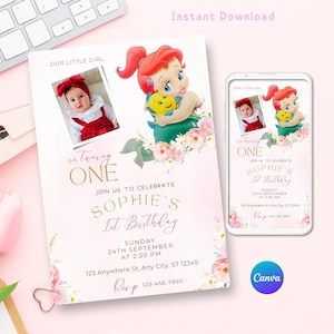 Invitation d'anniversaire La Petite Sirène, Ariel La Petite Sirène, modèle modifiable Canva, invitation à une fête La Petite Sirène, Canva
