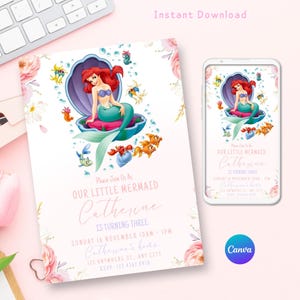 Invitation d'anniversaire La Petite Sirène, Ariel La Petite Sirène, modèle modifiable Canva, invitation à une fête La Petite Sirène, Canva