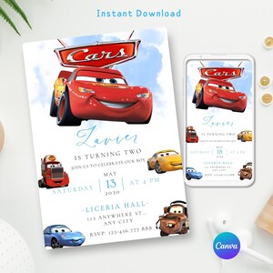 Può includere: Un invito digitale con Saetta McQueen del film Cars. L'invito include il testo "Zavier compie due anni" e i dettagli dell'evento. Disponibile per il download immediato.