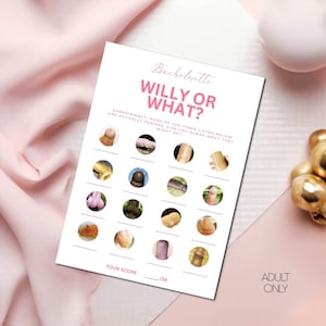 Op de afbeelding: Een witte spelkaart voor een vrijgezellenfeest met de tekst "WILLY OR WHAT?" in roze. De kaart bevat een reeks afbeeldingen en de tekst "SURPRISINGLY, NONE OF THE ITEMS LISTED BELOW ARE ACTUALLY PENISES. CAN YOU GUESS WHAT THEY MIGHT BE?"