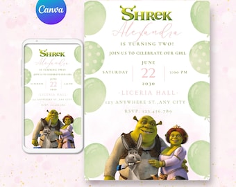 Shrek verjaardagsuitnodiging, Shrek digitale uitnodiging, bewerkbare Shrek verjaardag, Shrek feestuitnodiging, DIGITAAL BESTAND, Fiona Shrek canvas