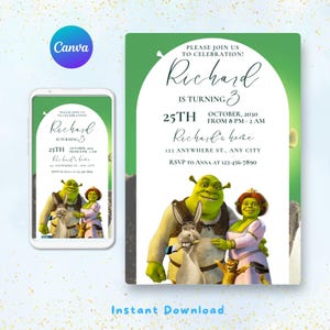 Shrek Birthday Invitation, Shrek Digital Invitation, Editable Birthday Shrek, Shrek Party Invitation, DIGITAL FILE, Fiona Shrek canva