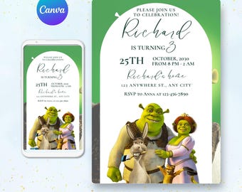 Shrek verjaardagsuitnodiging, Shrek digitale uitnodiging, bewerkbare Shrek verjaardag, Shrek feestuitnodiging, DIGITAAL BESTAND, Fiona Shrek canvas