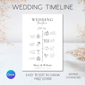 May include: A black and white wedding timeline printable with the text "Wedding Timeline" at the top. The timeline includes the following events: 12:00 AM Photo Shoot, 3:00 PM Throw a Bouquet, 5:00 PM Cocktail Hour, 11:00 PM Carriages, 12:00 AM Wedding Ceremony, 1:00 PM Wedding Lunch, 4:00 PM First Dance, 8:00 PM Evening Party. The text "Mary & Wilson" and "August 26, 2025" is at the bottom of the timeline. The text "Easy to Edit in Canva Free Editor" and "Instant Download" is at the bottom of the printable.
