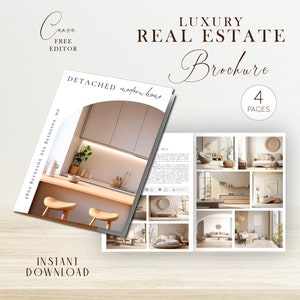 Può includere: Un opuscolo per una proprietà immobiliare di lusso, che presenta una casa moderna indipendente con cucina e soggiorno. L'opuscolo è intitolato "Opuscolo Immobiliare di Lusso" e ha 4 pagine. L'indirizzo della proprietà è 4862 Bethesda Ave Bethesda, MD.