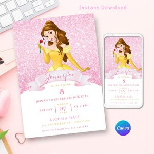 Belle Birthday Invitation Template, Editable beauty and Best invitation, First Birthday Invitation for girls, Birthday Evite