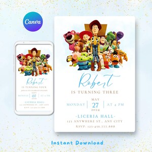 Può includere: Un invito di compleanno con i personaggi del film d'animazione Toy Story. L'invito include il nome "Robert", l'età, la data, l'ora e il luogo della festa. Le parole "Download istantaneo" sono in basso.