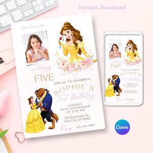 Belle Birthday Invitation Template, Editable beauty and Best invitation, First Birthday Invitation for girls, Birthday Evite
