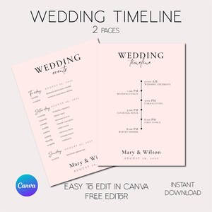 Può includere: Un modello di tempistica del matrimonio rosa con testo nero. Il modello include una cerimonia di matrimonio, un cocktail, una cena a buffet, un taglio della torta e il primo ballo. Il testo include anche i nomi Mary & Wilson e la data 26 agosto 2025.