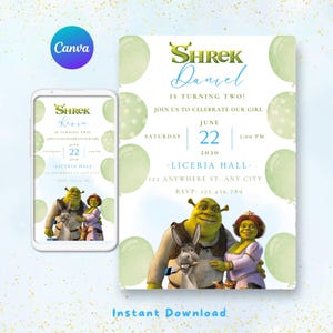 Shrek Birthday Invitation, Shrek Digital Invitation, Editable Birthday Shrek, Shrek Party Invitation, DIGITAL FILE, Fiona Shrek canva