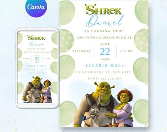 Shrek verjaardagsuitnodiging, Shrek digitale uitnodiging, bewerkbare Shrek verjaardag, Shrek feestuitnodiging, DIGITAAL BESTAND, Fiona Shrek canvas