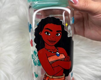 Moana glass cup/ 16oz glass cup/ rhinestone lid with glass straw/ iced coffee cup/disney/princess
